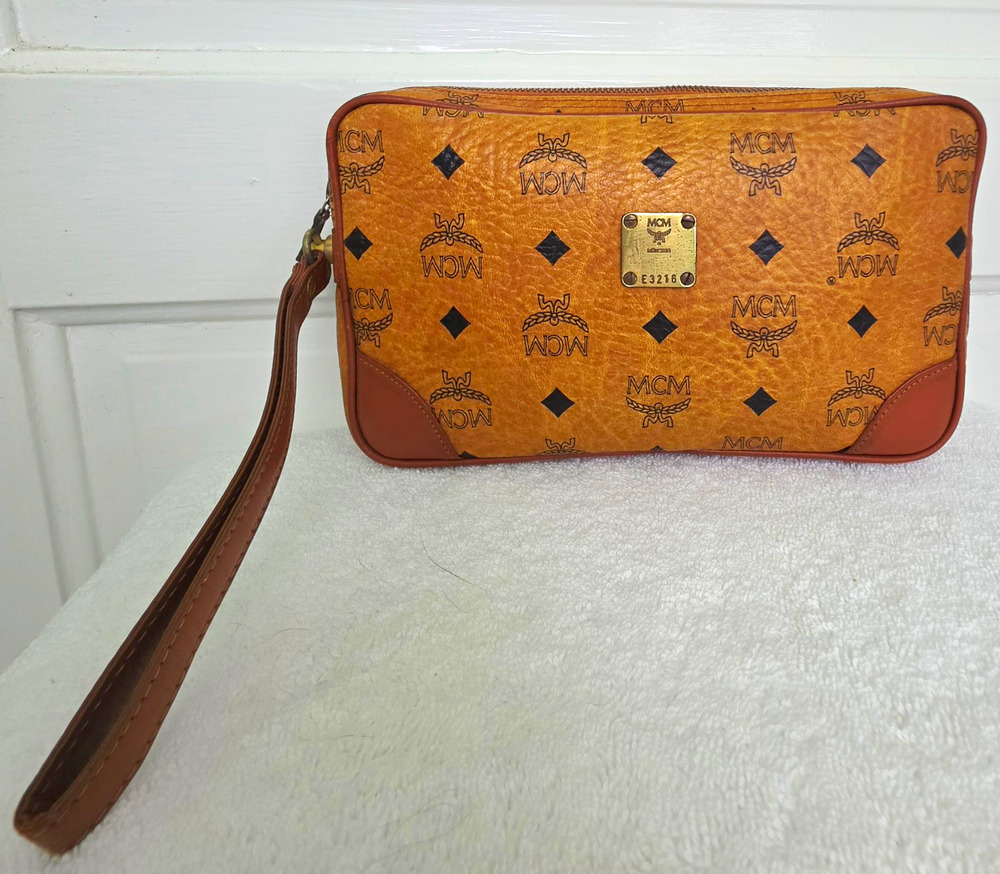 MCM Visetos Monogram Zip Wristlet Pouch/Clutch Brown Gold Tone Hardware